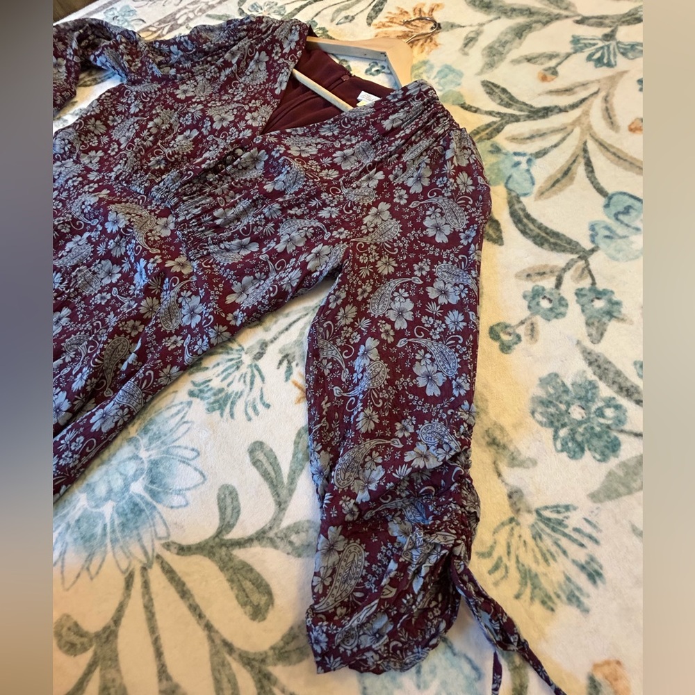 Shoshanna Burgundy and Blue Floral & Paisley Sharkbite Dress - Picture 10 of 12